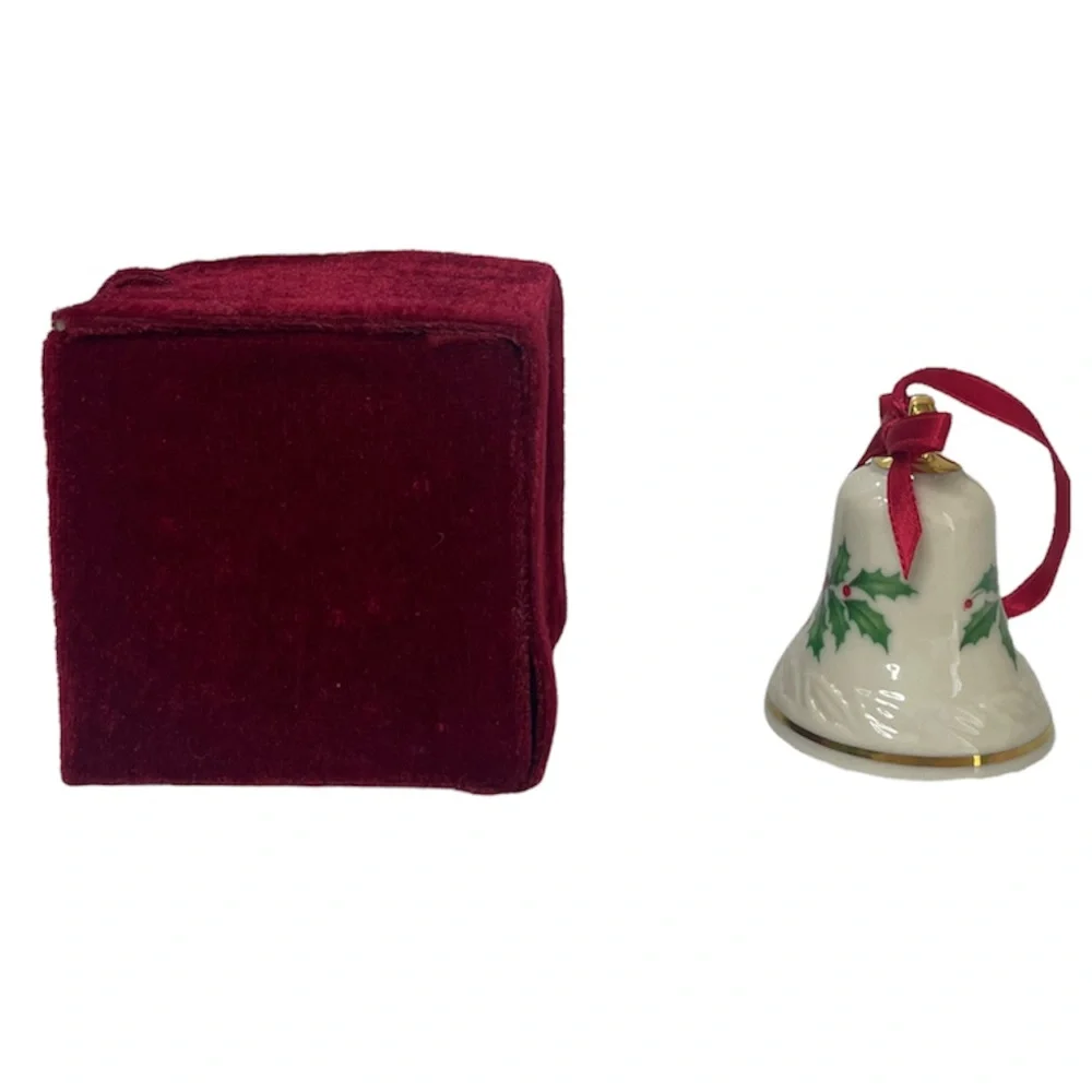 Vintage Christmas Ornament Lenox Bell Gold Trim Holly & Berries In Velvet Box